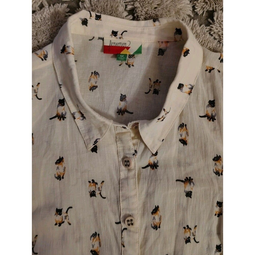 Fervour Blouse Size M Siamese Cats Long Sleeve Button Collar 100% Cotton - Picture 4 of 6